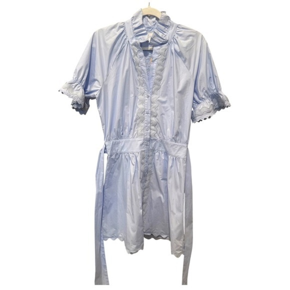 Sundays Full Button Front Mini Dress XS Ruffle Neck Sky Blue Belt Cottagecore - Picture 2 of 11
